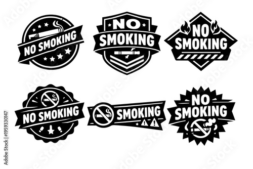 No smoking badges representing prohibition, ban, cigarette, and warning symbols for public places or health campaigns