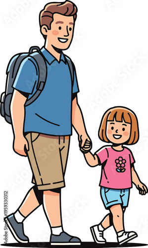 A smiling father and little girl walking hand in hand on a sunny day
