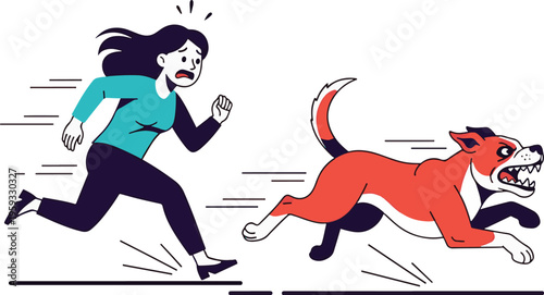A frightened woman runs away from an aggressive dog in a cartoon illustration.