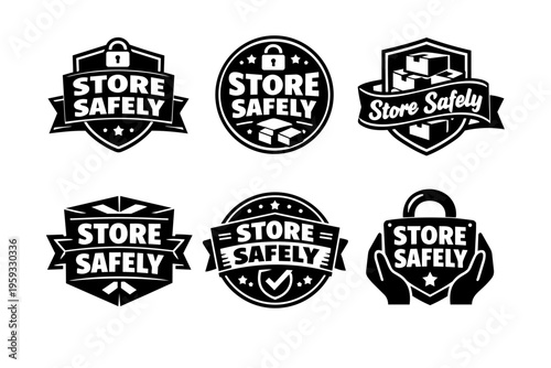 Store safely collection: security labels, badges, and emblems with lock, boxes, and hands protecting items