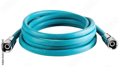 Cuadro en lienzo Bright blue durable flexible coiled hose with shiny metal connection fittings