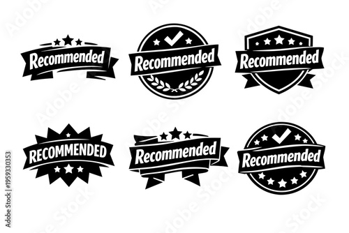 Recommended labels set in black and white, featuring vector badges, ribbons, and seals for product endorsement