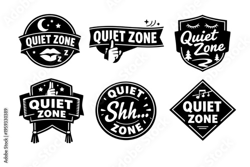 Collection of quiet zone labels and badges presenting silence for libraries, hospitals, and public areas