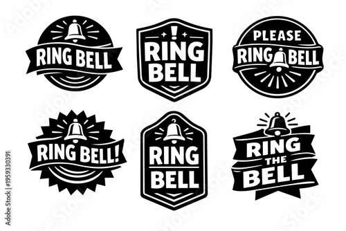 Ring bell service labels and instruction badges set, creating call to action signs and assistance icons