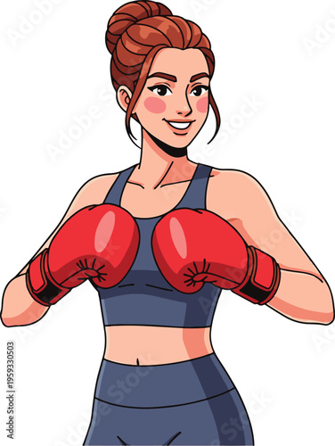 A cartoon woman wearing red boxing gloves and a blue workout outfit is ready to fight.