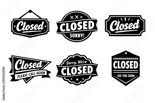 Set of vintage closed signs for business and store front, indicating temporary closure or business failure