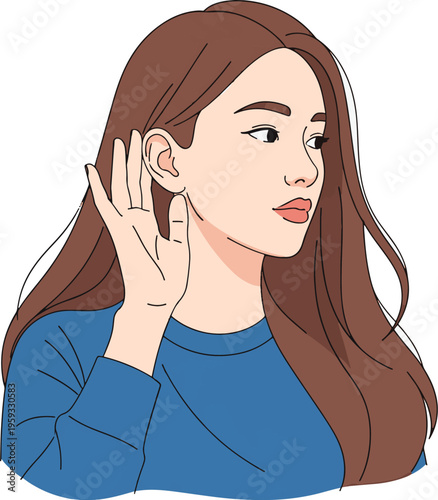 A cartoon woman with long brown hair cupping her hand to her ear to listen carefully