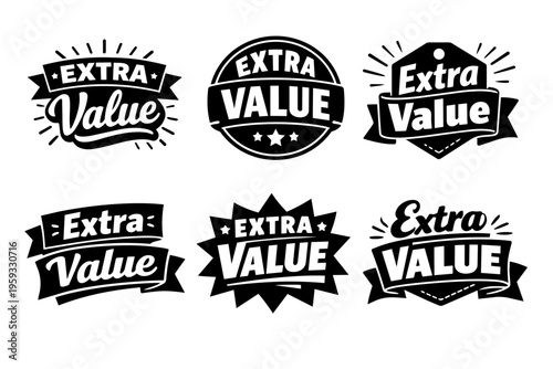 Extra value labels set offering discounts and promotions, collecting marketing badges and stickers for product packaging