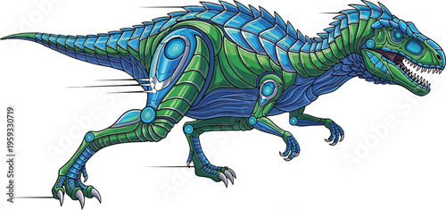 Roaring cyberpunk t-rex dinosaur with circuit patterns vector illustration