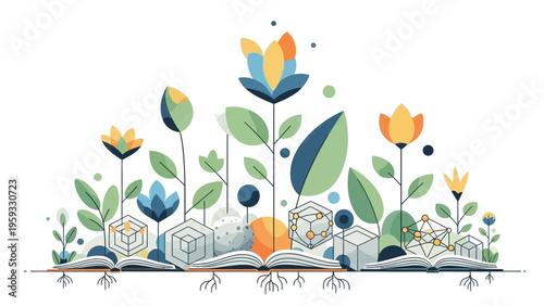 Illustration of colorful flowers and leaves growing out of an open book on a clean white background, conveying knowledge and growth through art and design.