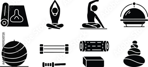 Set of 12 black glyph vector icons for yoga, fitness, and spa activities, including meditation poses, exercise equipment, and wellness elements isolated PNG with Transparent Background