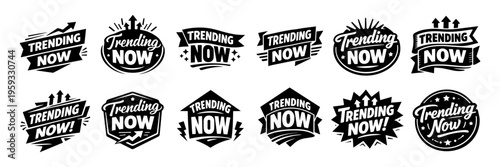 Trending now labels and stickers collection for social media marketing, popularity, and viral content promotion