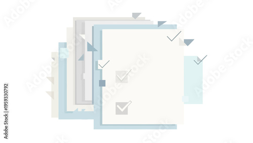 Canvas Print A graphic design illustration of layered papers with checkmarks and icons on a clean white background, conveying information and knowledge through a visually appealing art style