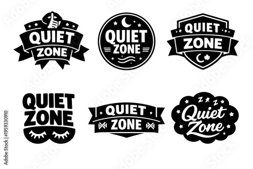 Quiet zone typography logotypes with symbols for promoting silence, rest, sleep, relaxation, and peaceful environments