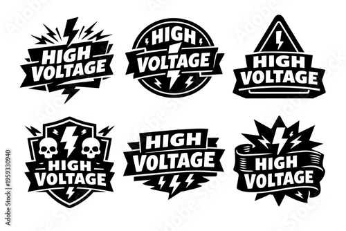 High voltage warning labels set, electricity hazard emblems, power icon collection for safety and danger concept