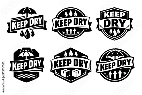Keep dry packaging symbols set, indicating water resistance and protecting logistic cargo from rain and humidity