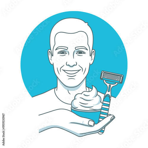 Man holding shaving cream and razor in hand illustration