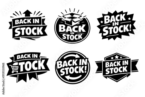 Back in stock label collection in various styles with arrow, shipping box, shopping cart, and refresh icons