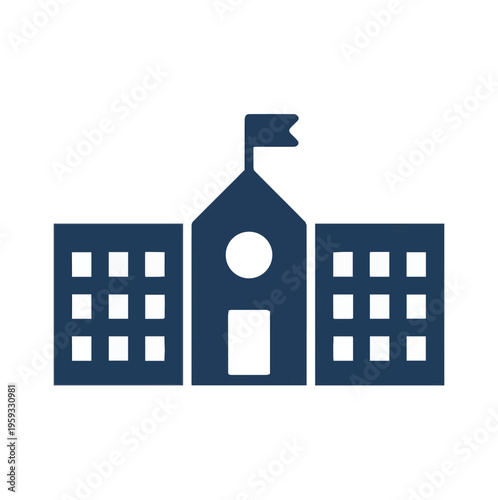 Stylized icon of an educational building, likely a school or college, complete with a flag. The blue silhouette is ideal for representing academic institutions, The blue silhouette is ideal for, Flag