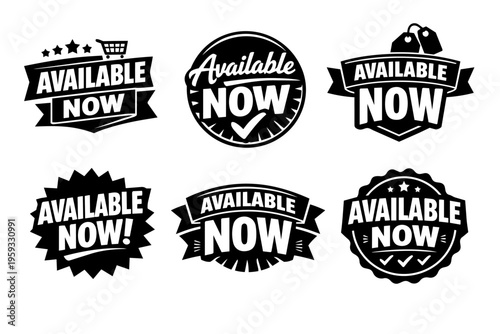 Available now banner sticker collection for online shopping and ecommerce promotional sales tags label set