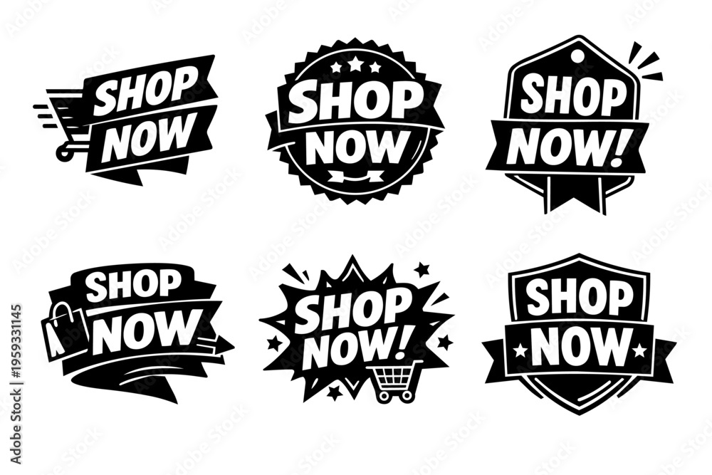 Fototapeta premium Collection of shop now buttons and badges in diverse styles, perfect for digital marketing and advertising campaigns
