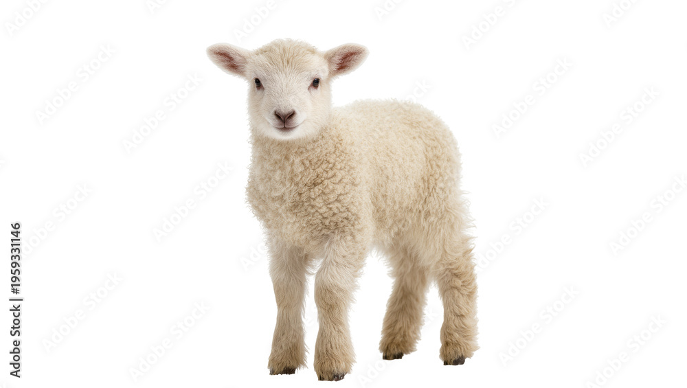Fototapeta premium Adorable young lamb standing with gentle expression, looking directly at the camera