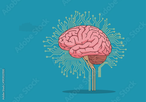 A colorful illustration of a human Brain with circuit-like lines emerging from it.
