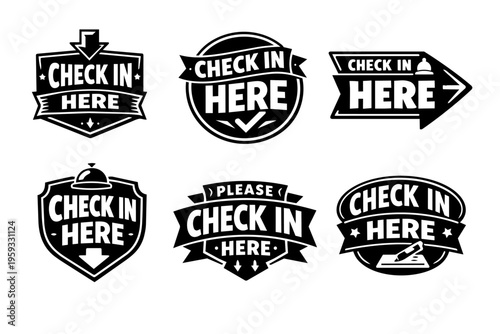 Set of check in banners with arrows, reception bells, and form icons, ideal for hospitality and event services