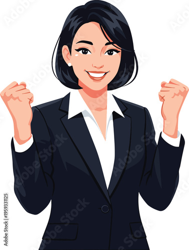 A confident businesswoman celebrating success with her fists raised in a professional setting.