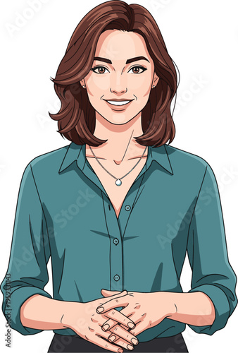 A smiling cartoon woman with brown hair wearing a green shirt and a necklace