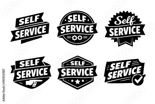 Self service badges and labels set for customers, retail, business, shopping, and online support concept