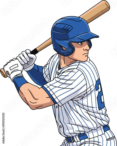 A baseball player in a blue and white uniform preparing to swing a bat
