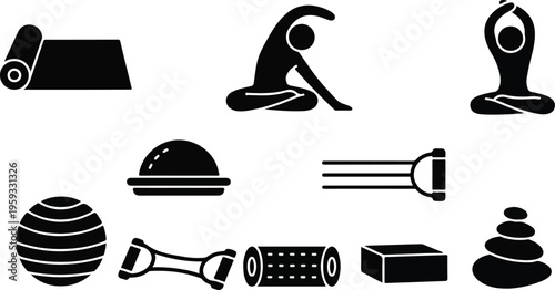 Set of 10 black silhouette yoga and fitness equipment icons vector for exercise, wellness, and healthy lifestyle designs isolated PNG with Transparent Background