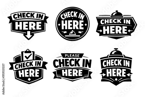 Check in here signs collection for registration points, reception, and guest arrival services at hotels or events