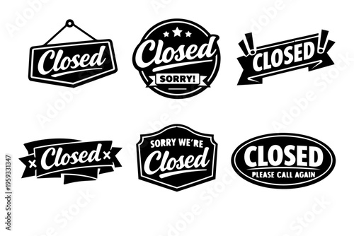 Closed sign vector set for business, shop, or store indicating temporary or permanent closure, black and white design collection
