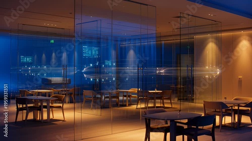 Abstract Light Trails Flowing Through Modern Glass Office Interior With Blue and Orange Lighting