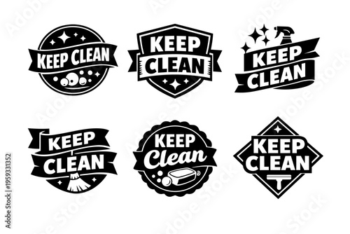 Keep clean logos set designing hygiene, sanitation, and maintenance service emblems, badges