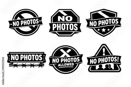 No photos allowed sign collection communicating restriction, privacy, and security in various styles