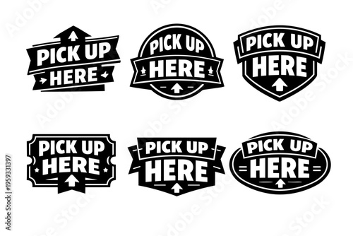 Pick up here sign badges with arrow pointer for takeaway, delivery, curbside collection, and retail location
