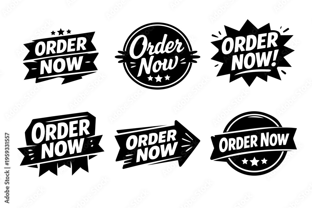 Obraz premium Order now vector badges and labels set promoting online shopping, e-commerce, and retail promotions