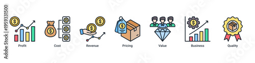 Revenue System web banner icon illustration featuring Profit,Cost,Revenue,Pricing,Value,Business,and Quality
