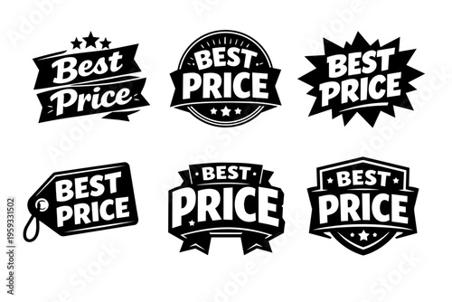 Vector collection of best price signs featuring different shapes, badges, labels, and tags for retail promotions