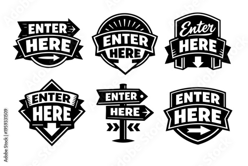 Enter here sign collection, directing visitors with arrows, badges, and banners, indicating entrance and path