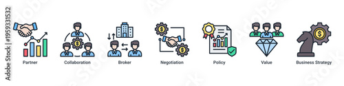 Partnership Flow web banner icon illustration featuring Partner,Collaboration,Broker,Negotiation,Policy,Value,and Business Strategy