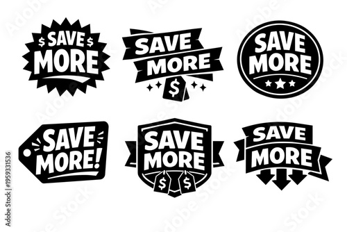 Save more badges collection, featuring black and white discount labels for marketing and promotion