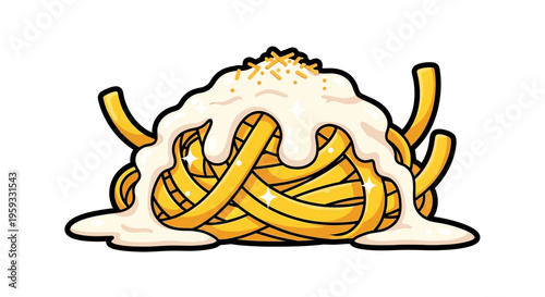 Cartoon spaghetti with creamy sauce and grated cheese, isolated on white