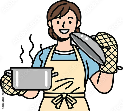 A cartoon woman wearing an apron and holding a pot and utensils in a cheerful kitchen setting.