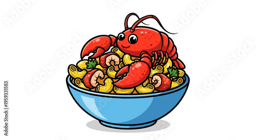 Cute cartoon lobster sitting atop a bowl of macaroni and cheese