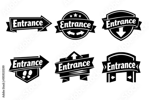 Entrance signs and labels set, directing visitors with arrows, footsteps, and various navigation pointers