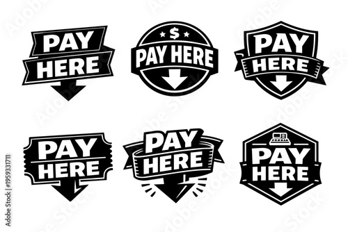 Set of payment badges and cashier signs, pointing to specific collection points and register areas for transactions